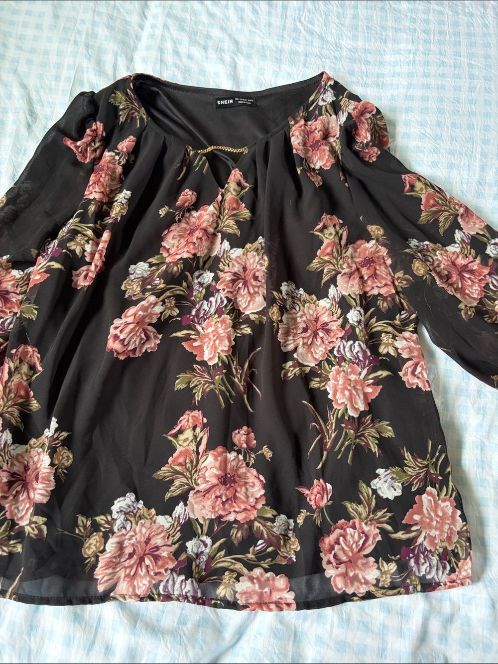 SHEIN Black Floral Peasant Top with Rose Print